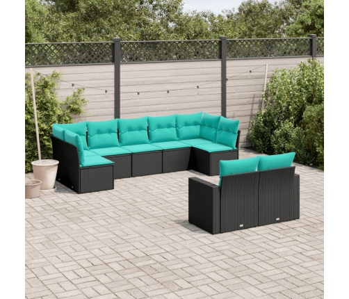 Set de sofás de jardín 9 pzas con cojines ratán sintético negro