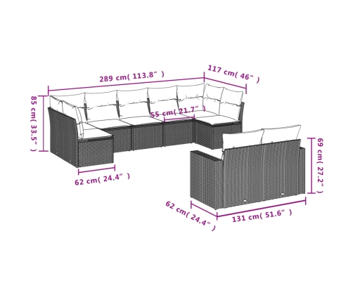 Set de sofás de jardín 9 pzas y cojines ratán sintético marrón