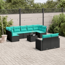 Set de sofás de jardín 10pzas con cojines ratán sintético negro