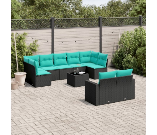 Set de sofás de jardín 10pzas con cojines ratán sintético negro