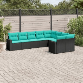 Set de sofás de jardín 9 pzas con cojines ratán sintético negro