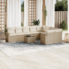 Juego de sofás jardín con cojines beige 10 pzas ratán sintético