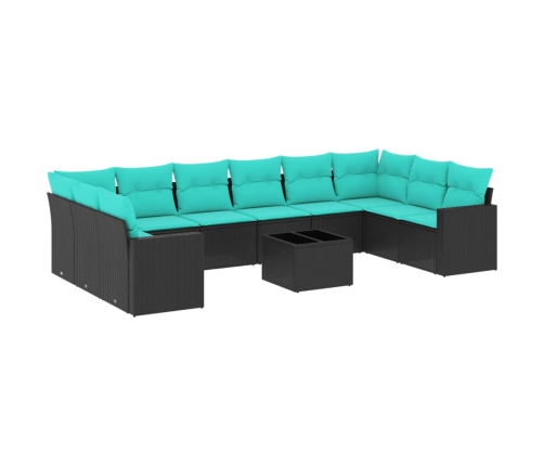Set de sofás de jardín 11 pzas y cojines ratán sintético negro