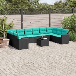 Set de sofás de jardín 11 pzas y cojines ratán sintético negro