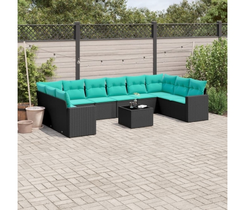 Set de sofás de jardín 11 pzas y cojines ratán sintético negro