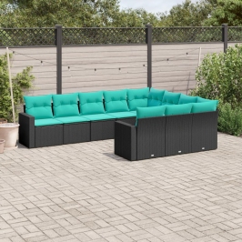 Set de sofás de jardín 10pzas con cojines ratán sintético negro