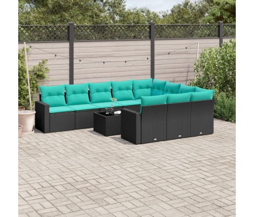 Set de sofás de jardín 11 pzas y cojines ratán sintético negro