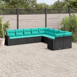 Set de sofás de jardín 10pzas con cojines ratán sintético negro