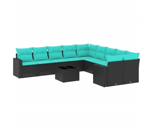 Set de sofás de jardín 11 pzas y cojines ratán sintético negro