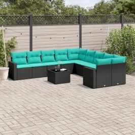 Set de sofás de jardín 11 pzas y cojines ratán sintético negro