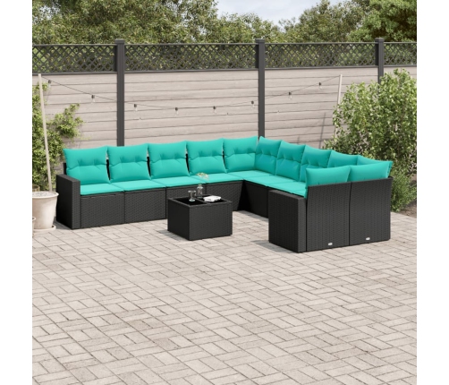 Set de sofás de jardín 11 pzas y cojines ratán sintético negro
