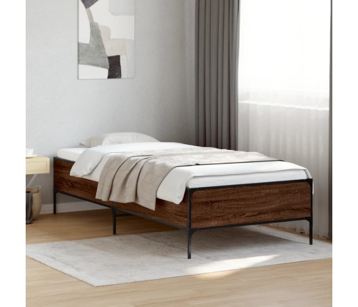 Estructura cama madera ingeniería metal roble marrón 90x200 cm