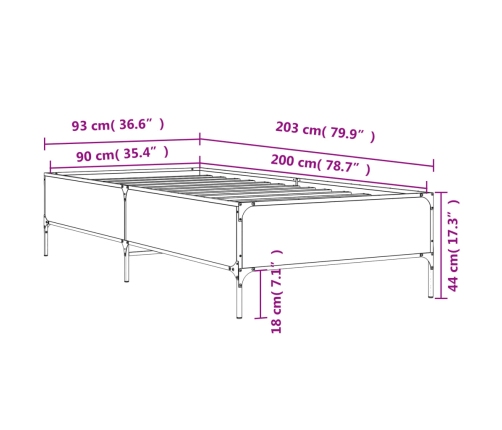 Estructura cama madera ingeniería metal roble marrón 90x200 cm