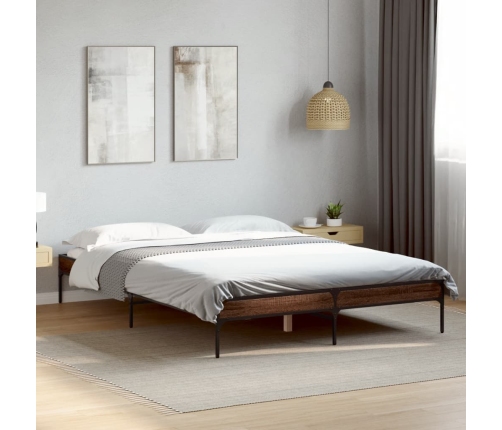 Estructura cama madera ingeniería metal marrón roble 140x190 cm