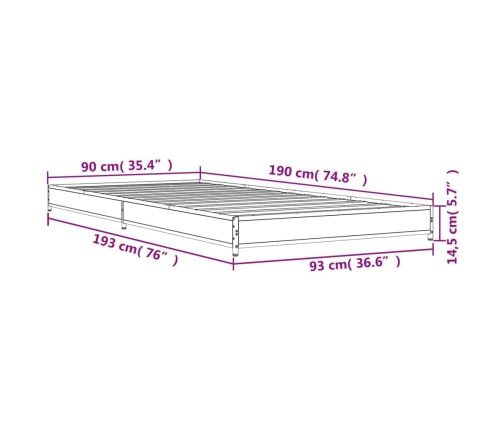 Estructura cama madera ingeniería metal roble Sonoma 90x190 cm