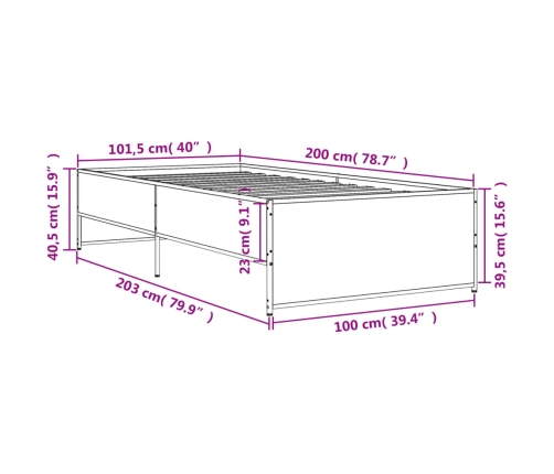 vidaXL Estructura cama madera ingeniería metal roble humo 100x200 cm