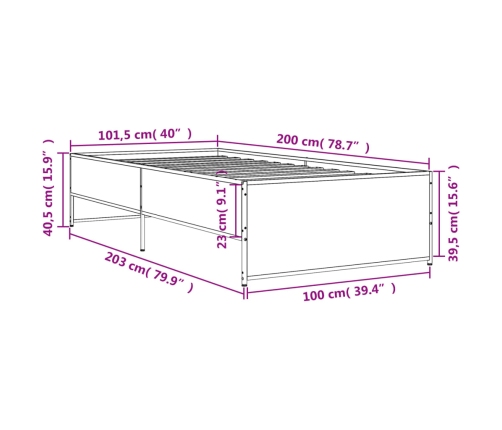 Estructura cama madera ingeniería metal roble humo 100x200 cm
