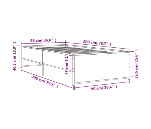 Estructura cama madera ingeniería metal roble Sonoma 90x200 cm