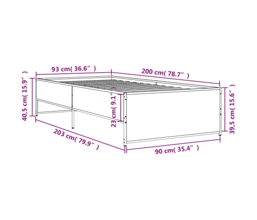 Estructura cama madera ingeniería metal roble ahumado 90x200 cm