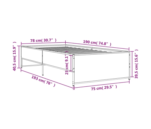 Estructura cama madera ingeniería metal roble Sonoma 75x190 cm