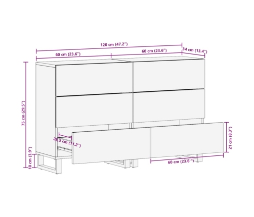 Aparador 2 pzas madera maciza de mango rugosa 60x34x75 cm