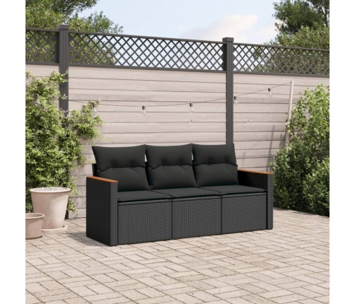 Set de sofás de jardín con cojines 3 pzas ratán sintético negro