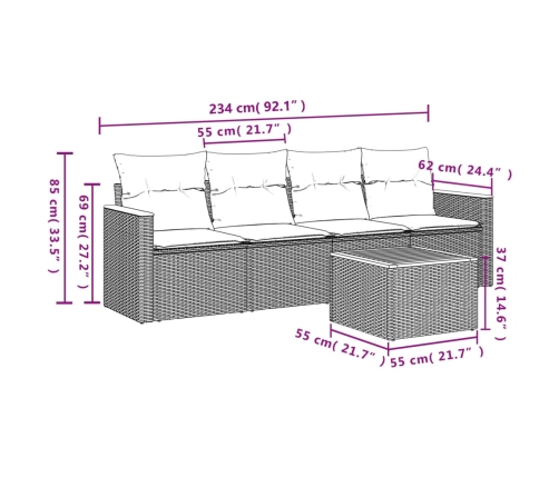 Set de muebles de jardín 5 pzas y cojines ratán sintético negro