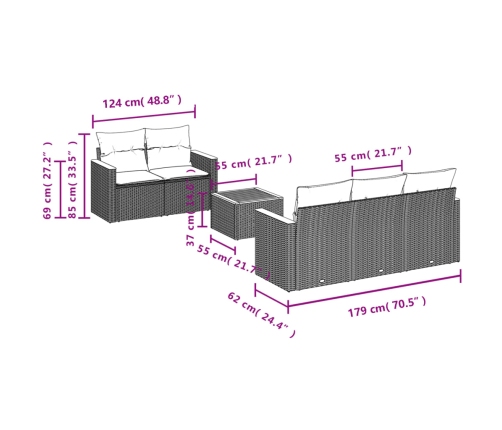 Set de muebles de jardín 6 pzas y cojines ratán sintético gris