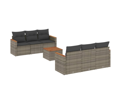 Set de sofás de jardín 7 piezas con cojines ratán PE gris
