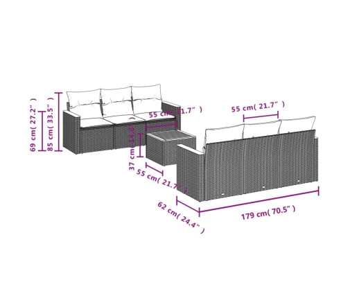 Set de sofás de jardín 7 piezas con cojines ratán PE gris