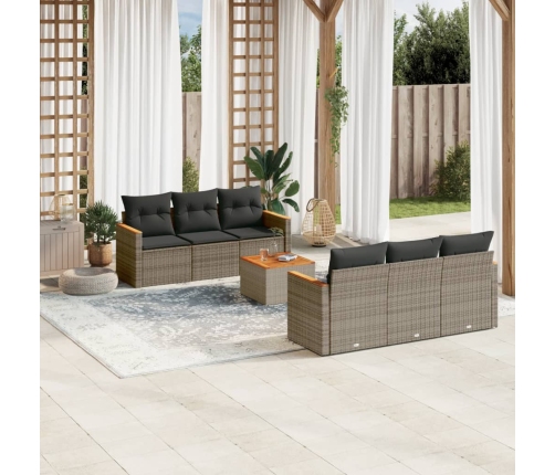 Set de sofás de jardín 7 piezas con cojines ratán PE gris