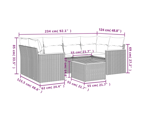 Set de comedor de jardín 7 pzas y cojines ratán sintético negro