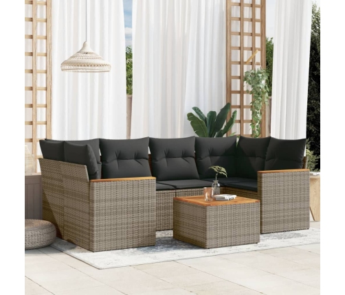 Set de sofás de jardín 7 piezas con cojines ratán PE gris