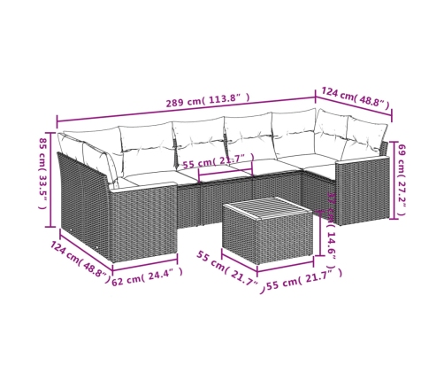 Set de sofás de jardín 8 piezas y cojines ratán sintético negro