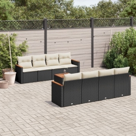Set de sofás de jardín 8 piezas y cojines ratán sintético negro
