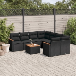 Set de sofás de jardín 8 piezas y cojines ratán sintético negro