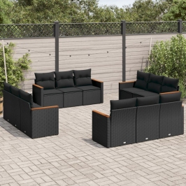 Set de sofás de jardín 12 piezas cojines ratán sintético negro