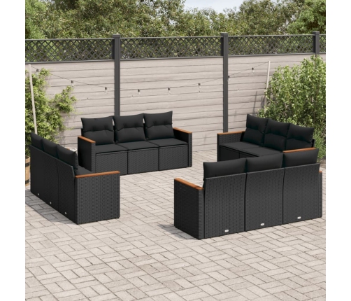 Set de sofás de jardín 12 piezas cojines ratán sintético negro