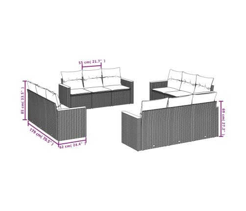 Set de sofás de jardín 12 piezas cojines ratán sintético negro