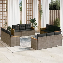 Set de sofás de jardín 12 pzas con cojines ratán sintético gris
