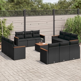 Set de sofás de jardín y cojines 13 pzas ratán sintético negro