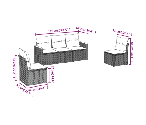 Set de muebles de jardín 5 pzas y cojines ratán sintético negro