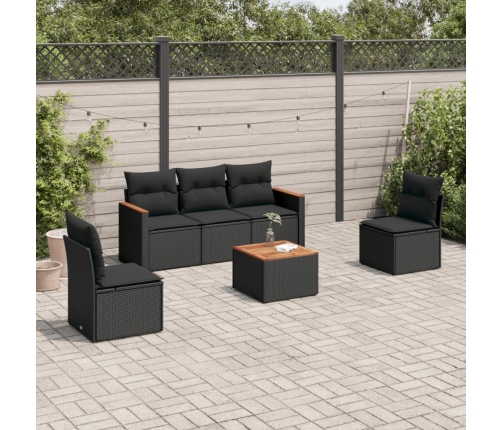 Set de sofás de jardín 6 piezas y cojines ratán sintético negro