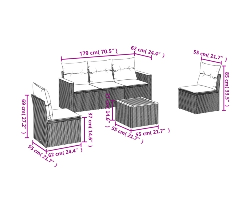 Set de muebles de jardín 6 pzas y cojines ratán sintético gris