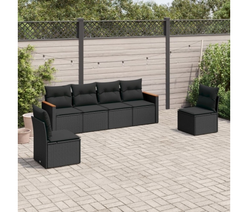 Set de sofás de jardín 6 piezas y cojines ratán sintético negro