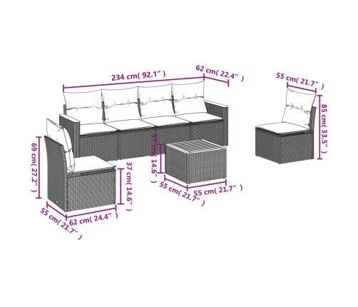 Set de comedor de jardín 7 pzas y cojines ratán sintético negro