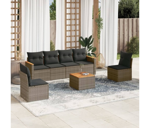 Set de sofás de jardín 7 piezas con cojines ratán PE gris