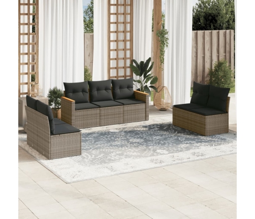 Set de sofás de jardín 7 piezas con cojines ratán PE gris