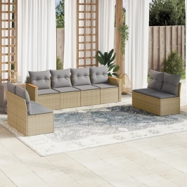 Juego de sofás jardín con cojines beige mezcla 8 pzas ratán PE