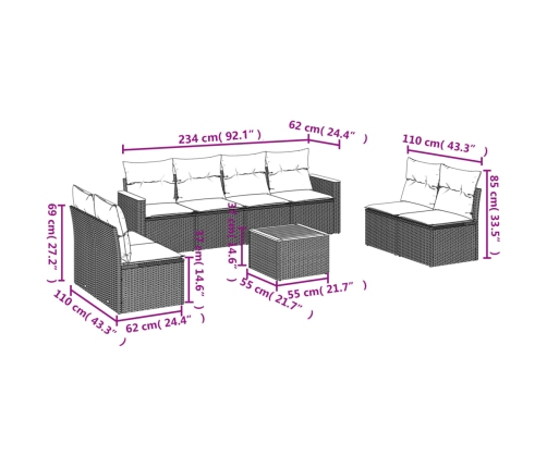 Set de muebles de jardín 9 pzas y cojines ratán sintético gris